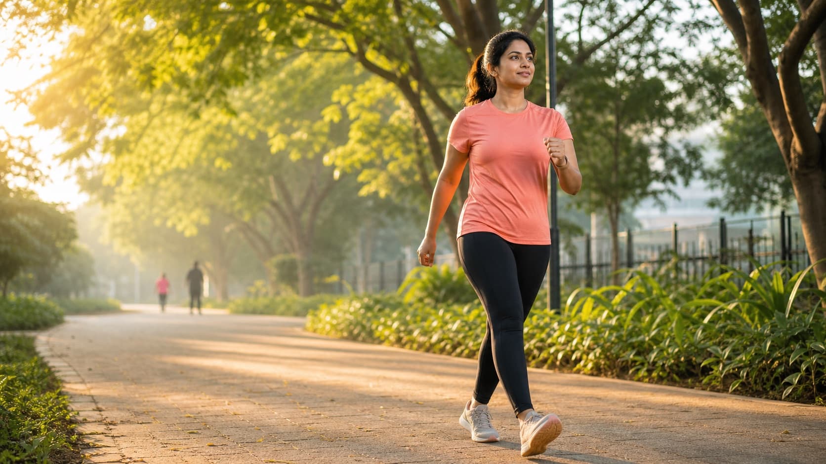 AI-generated illustration of a woman brisk walking in a tree-lined urban park during a Japanese interval walking session
